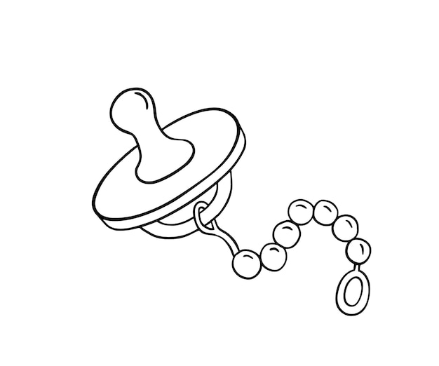 Baby pacifier doodle Outline illustration isolated on white Nipple with chain Toy of child for coloring page