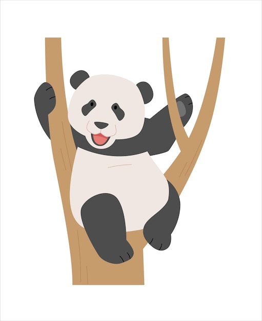 Маленькая панда играет на дереве в простой рисованной иллюстрации