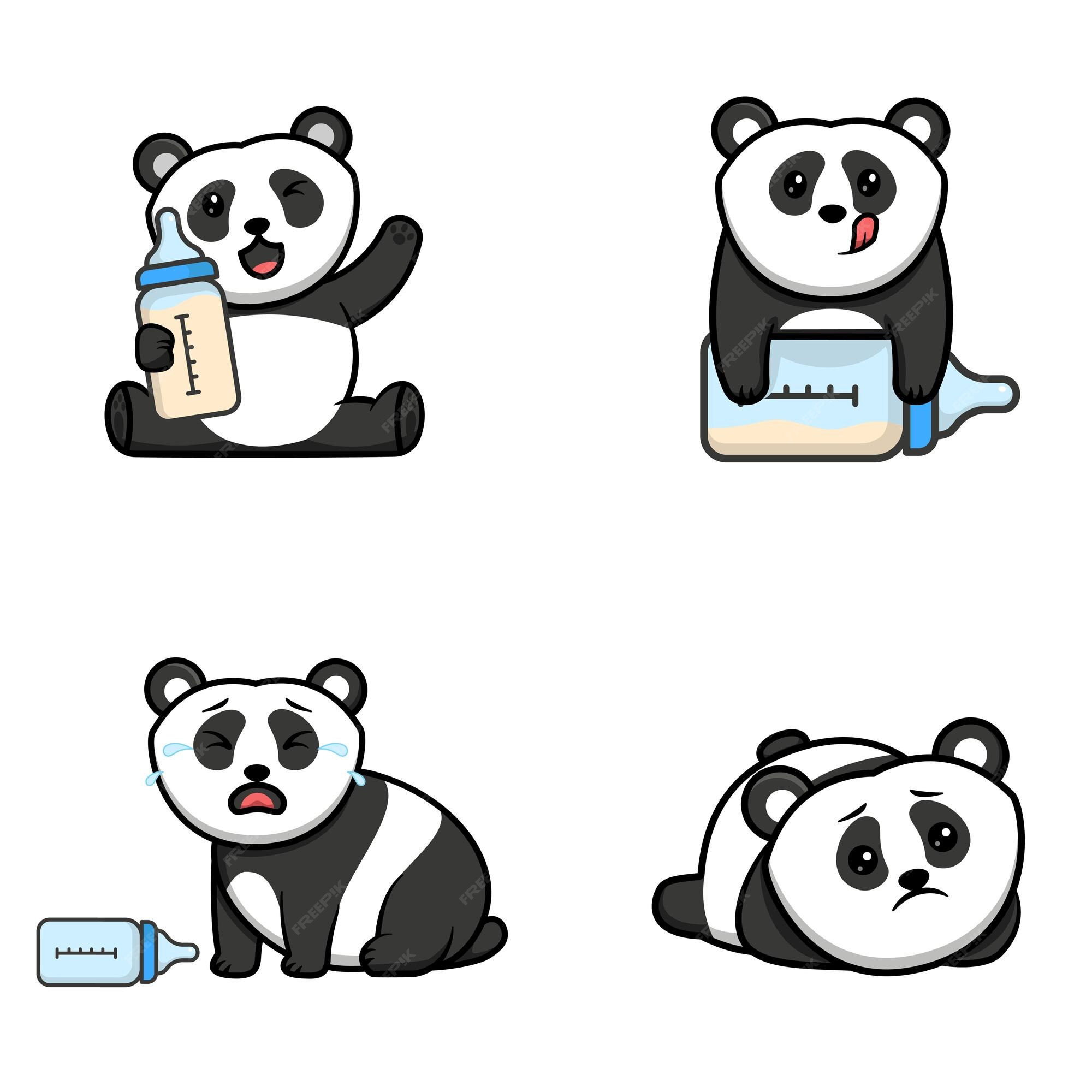 Premium Vector | Baby panda and milk in different poses set cartoon illustration with cute expression Premium Vector | Baby panda and milk in different poses set cartoon illustration with cute expression