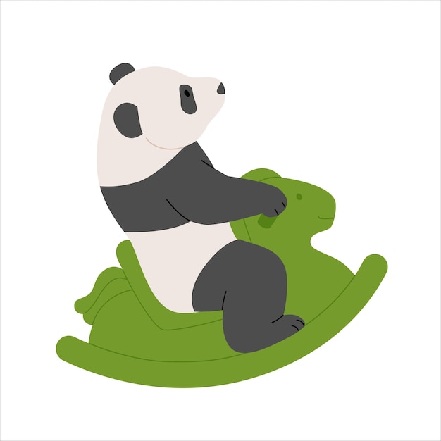 A baby panda playing while riding a wooden horse simple hand drawn style illustration