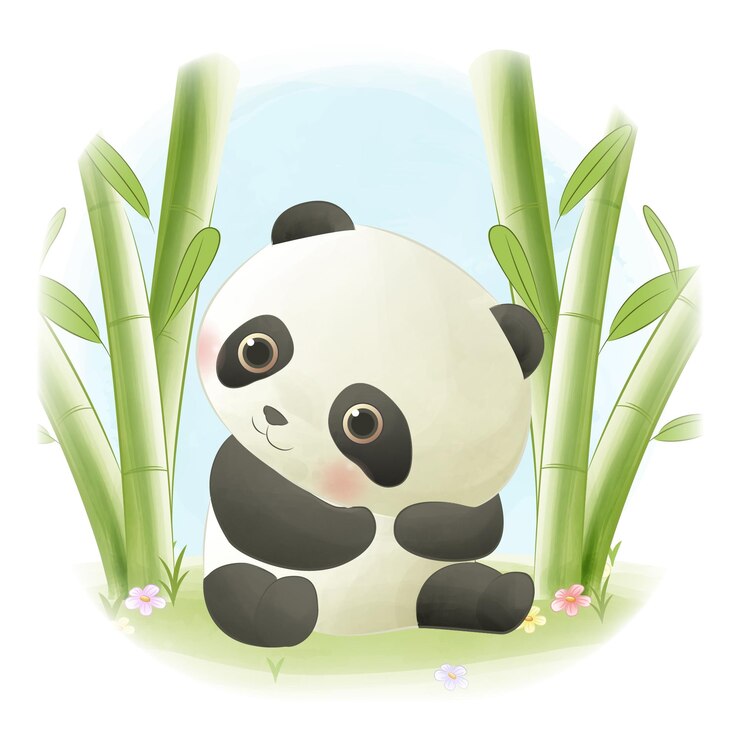 Vector baby panda sitting among bamboo stem