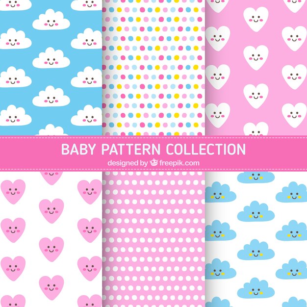 Baby patterns collection with hearts and clouds