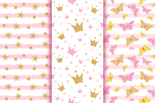 핑크색 줄무늬에 금색 반짝이 나비, 왕관, 줄무늬가있는 아기 패턴.