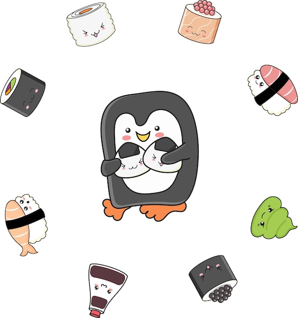 Vettore baby pinguino abbraccia onigiri circondato da sushi