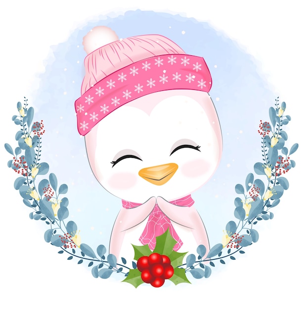 Baby penguin with wreath christmas illustration.