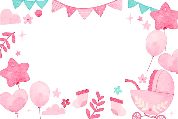 Baby pink girl background elements in watercolor style