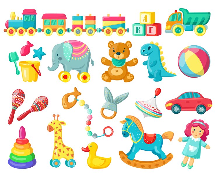 Vector baby plastic and wooden toys illustration