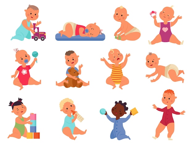 Baby play with toys children toy child playing with blocks little kids or babies isolated fun toddler in diaper cartoon infants decent vector set