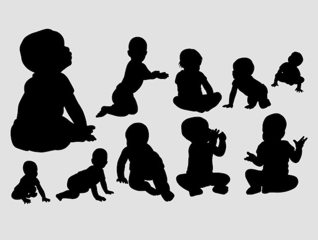 Vector baby playing and crawling silhouette