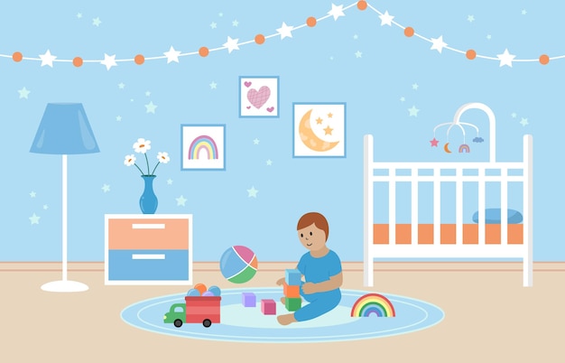 Vector baby playing with toys in bedroom. nursery room interior. white crib with carousel for child. decorations on wall and toys on floor. vector flat illustration
