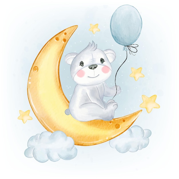 Baby Polar Bear holding a balloon over the moon watercolor illustration