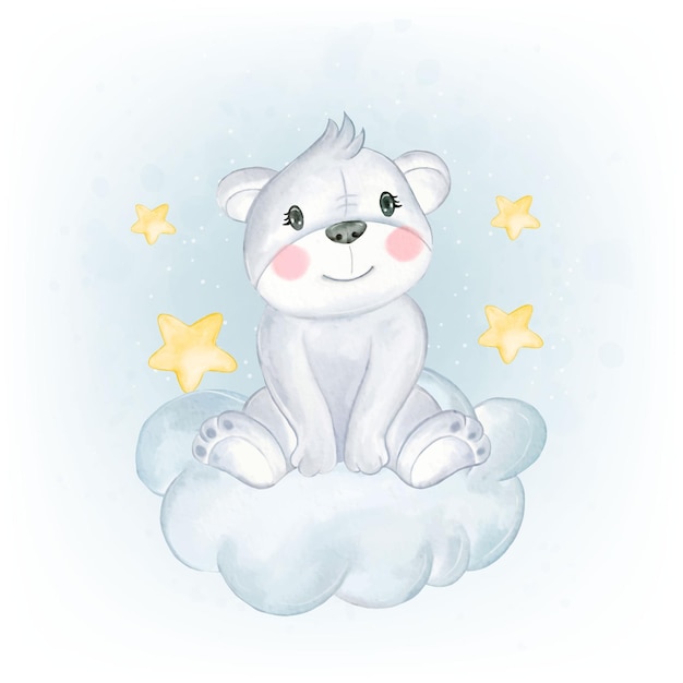 Baby polar bear sit down on the moon watercolor illustration