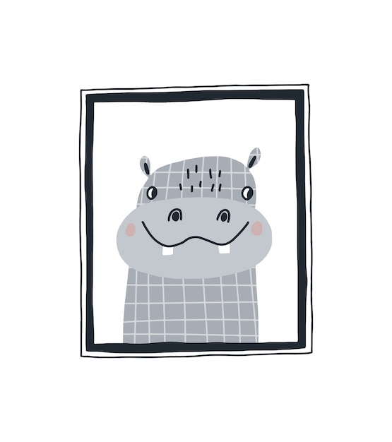 Baby print with a cute hippopotamus in the frame. hand drawn vector illustration in scandinavian style design for kids.