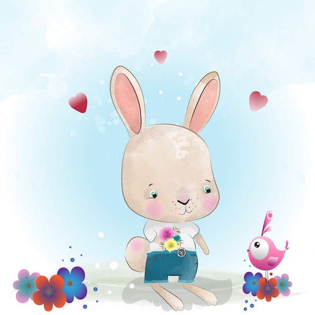 Vector baby rabbit cute character painted with watercolor