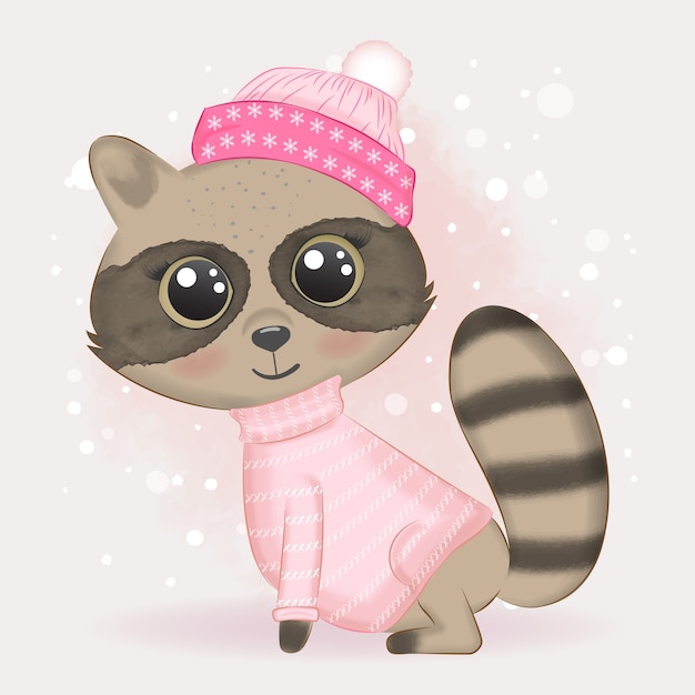 赤ちゃんアライグマと雪の水彩イラスト