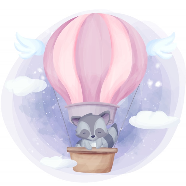 Vector baby raccoon fly up to the sky with air balloon