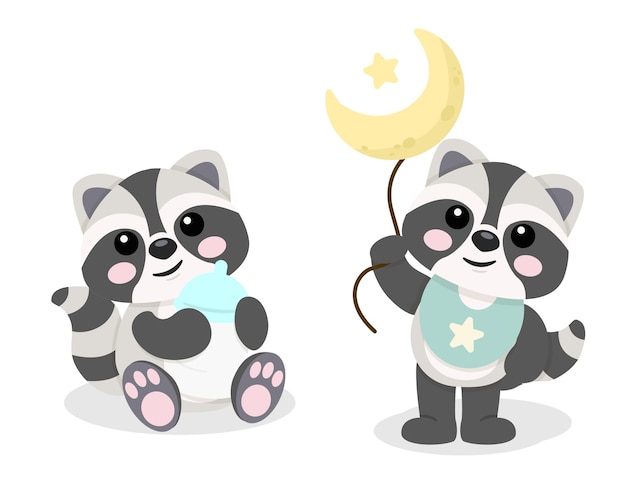 Vector baby racoon illustration with a feeding bottle and a ballon, baby illustration