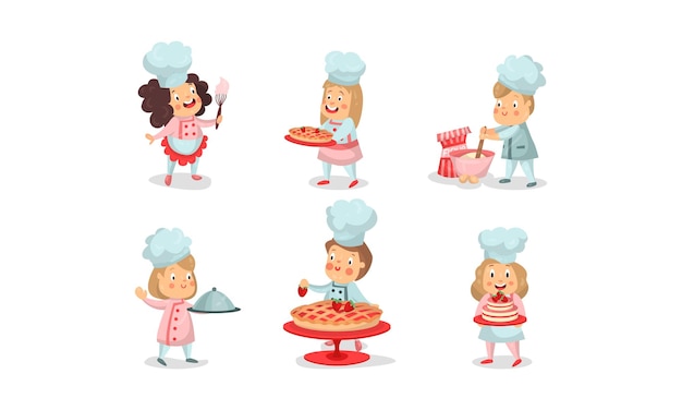 Baby's in chef-kok uniform in het kookproces slagroom serveren taart roeren meel carring het gerecht versieren dessert brengen van een taart Vector illustraties geïsoleerd op witte achtergrond
