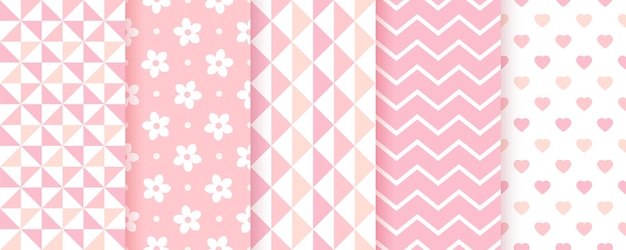 Sfondi per bambini senza soluzione di continuità. modello rosa. stampe geometriche per neonata. vettore. set di texture pastello per bambini. simpatico sfondo infantile con zigzag, triangoli, fiori e cuori. illustrazione moderna.