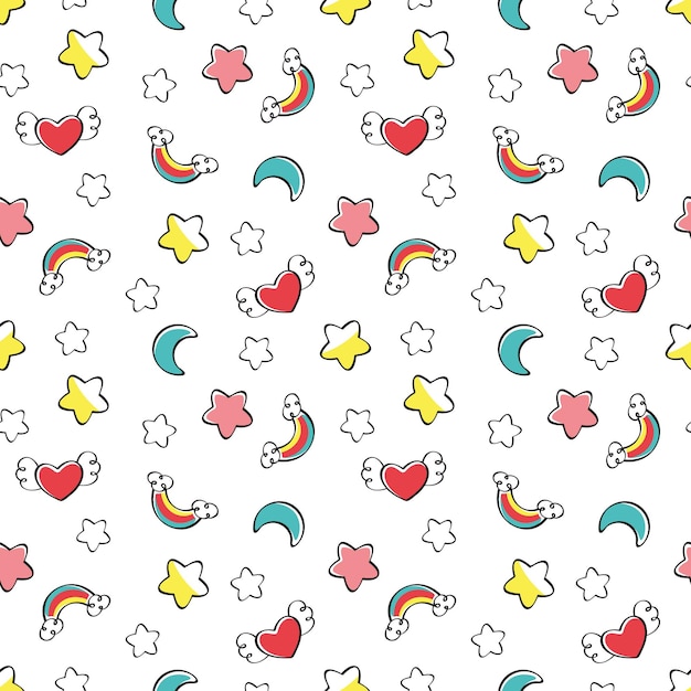 Vector baby seamless pattern rainbow moon stars on white background