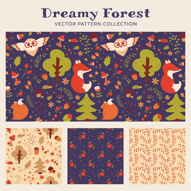 Baby seamless patterns with hand drawn forest animals, flowers and plants