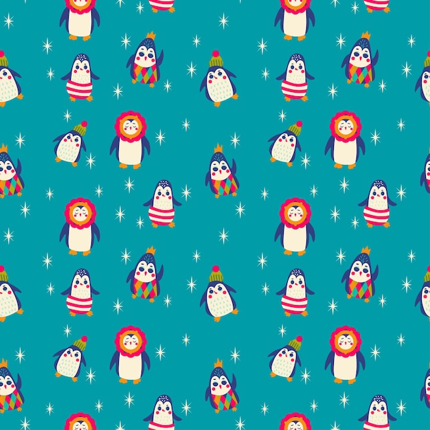 Baby seamless vector pattern cute colored cartoon penguins on blue background