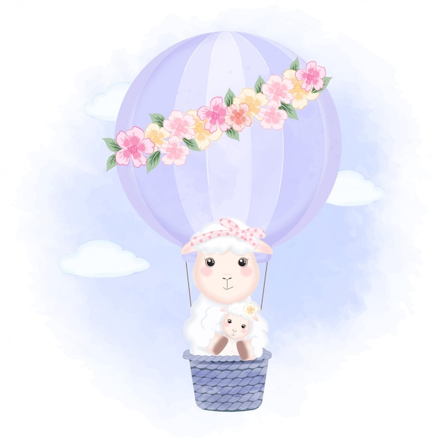 Baby sheep and mom floating on hot air balloon hand drawn cartoon illustration