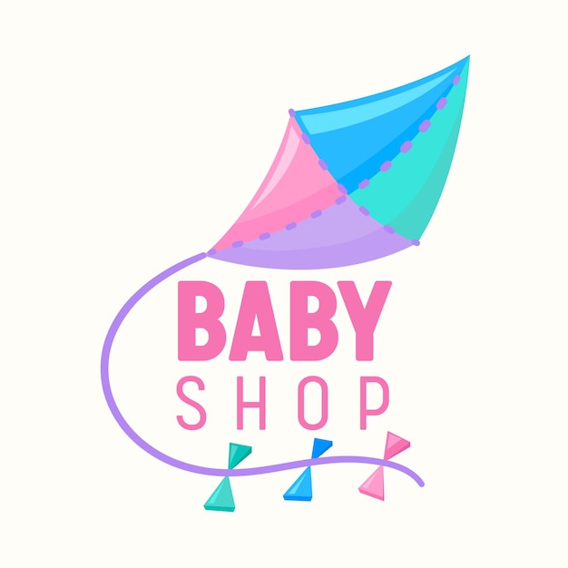 Baby shop banner with flying kite of pink, blue and lilac colors