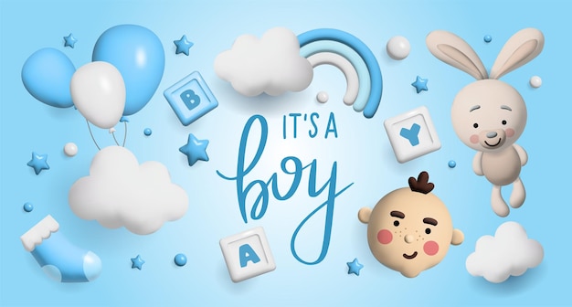 Baby shower 3D-ruimte Banner poster op Baby shower in render-stijl Belettering it's a boy 3 d-stijl