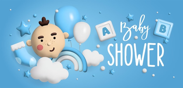 Baby shower 3D-ruimte Banner poster op Baby shower in render-stijl Belettering it's a boy 3 d-stijl