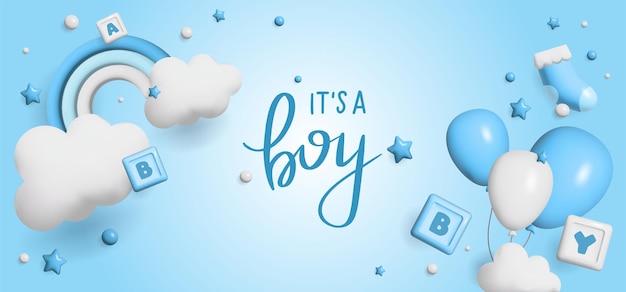 Baby doccia spazio 3d. banner poster su baby shower in stile di rendering. lettering è uno stile 3 d ragazzo.