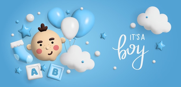 Baby shower 3d space Banner poster on Baby shower in render style Lettering it's a boy Vector