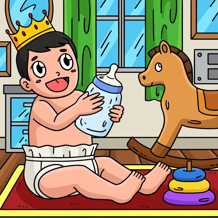 Vector baby shower baby with crown and a bottle colored