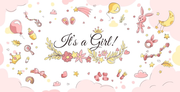 Vector baby shower banner for girl big horizontal card with cartoon rabbit clouds stars toys crown hearts