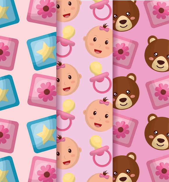 baby shower card badge girl smiling bear cube flowers born