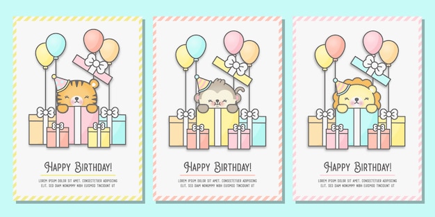 Baby shower card, biglietto di auguri di compleanno impostato con tigre, scimmia e leone in piedi in scatole regalo.