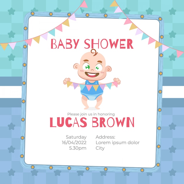 Baby shower card per ragazzo in stile cartoon