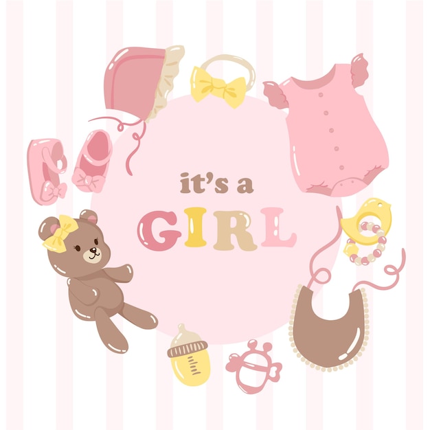 Baby shower card design set cornice cose per bambini elementi per ragazza rosa e giallo vettore