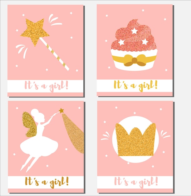 ベクトル ベビー シャワー カードのデザイン テンプレートそれはきらびやかなカップケーキの魔法の杖の妖精の王冠を持つ女の子カードです。