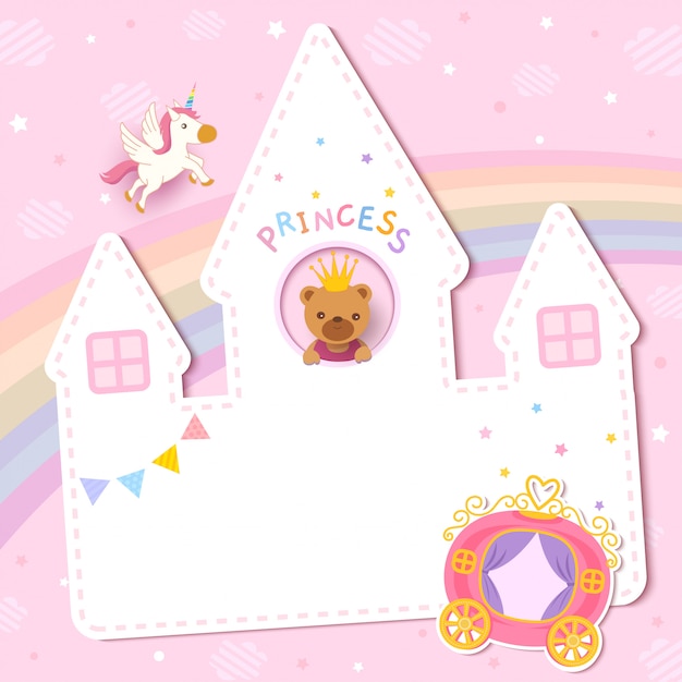 Baby shower card design with princess bear on castle