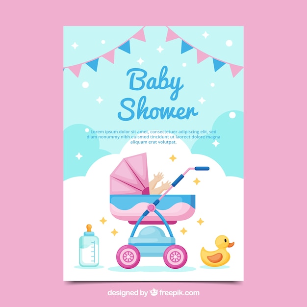 Vector baby shower card invitation in flat style