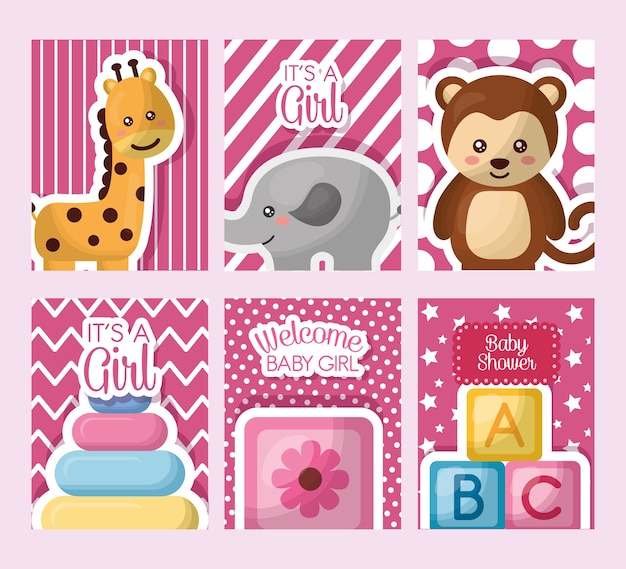 Baby shower card stickers toys giraffe elephant monkey cube flowers girl day