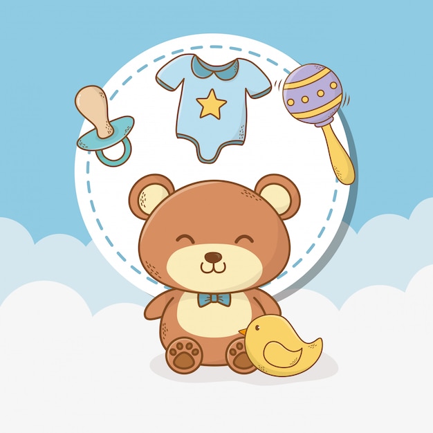 Baby shower card with bear teddy and accessories