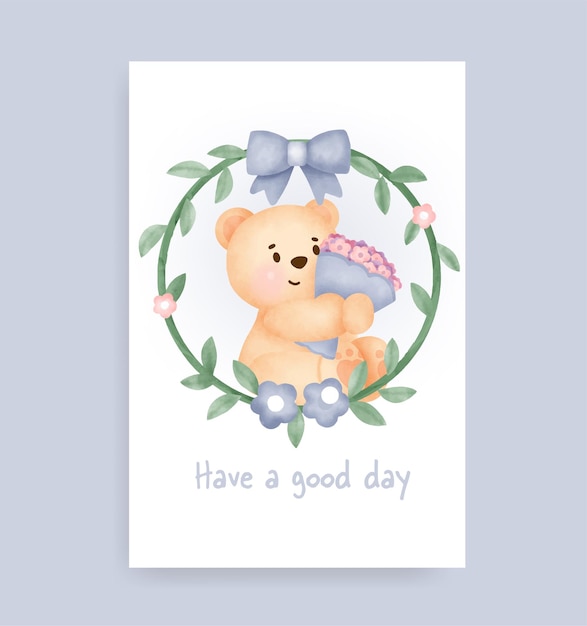 Baby shower card with cute  bear in a garden