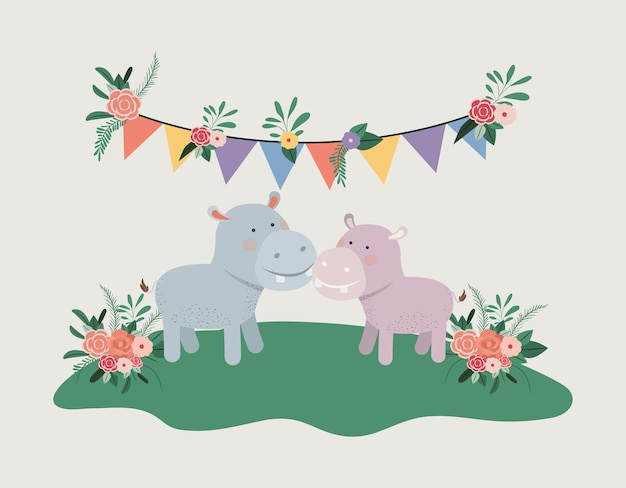 Carta di baby shower con coppia di ippopotami carino