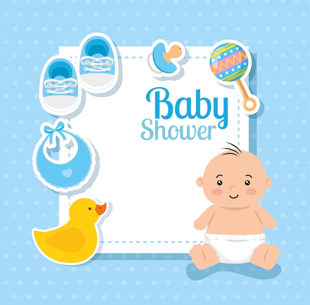 Baby shower card with cute little boy and decoration