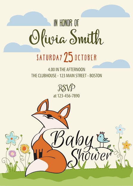 Baby shower card with cute little fox