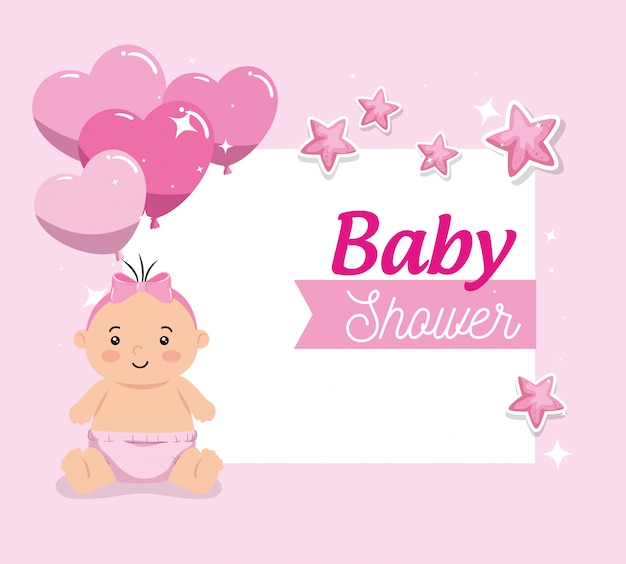 Baby shower card with cute little girl and decoration