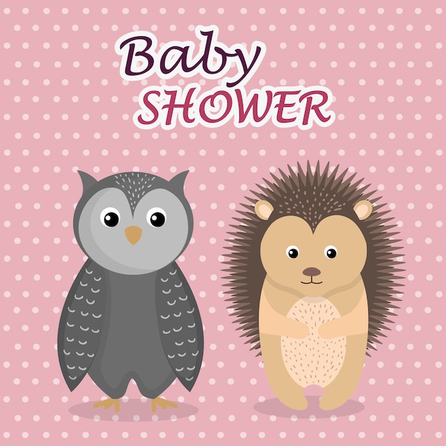 Vector baby shower card with cute owl and porcupine