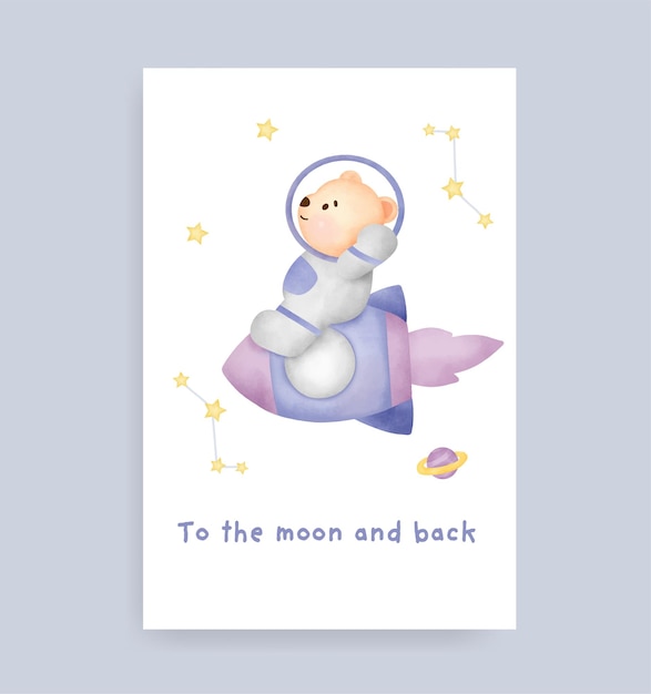 Baby shower card with cute teddy bear on the moon